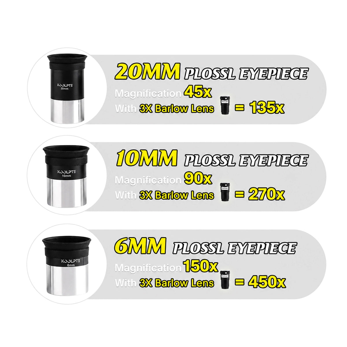 Eyepieces and viewing accessories included with the white Koolpte Vega Precision Ultra 90mm/900mm refractor telescope #color_white